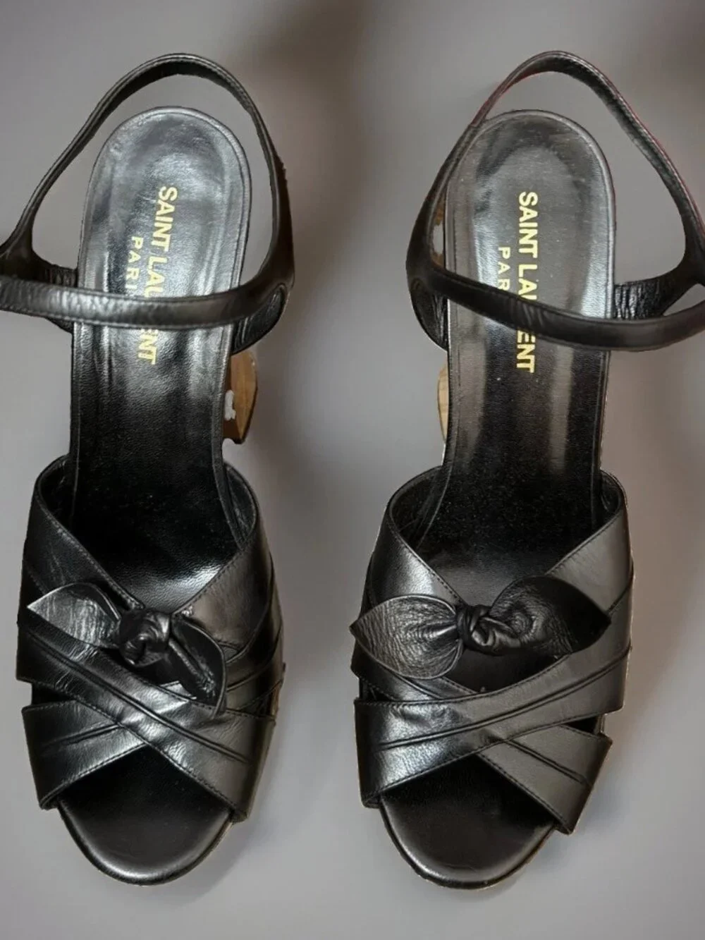 Saint Laurent Candy Black Leather Wooden Platform Sandals 38/8 US